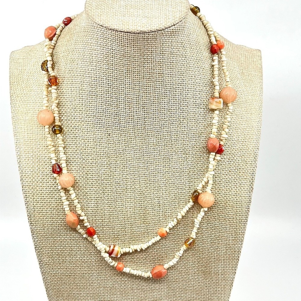 Vintage Boho Earth Tone Beaded Layering Necklace Peach Terracotta Cream‎ Retro